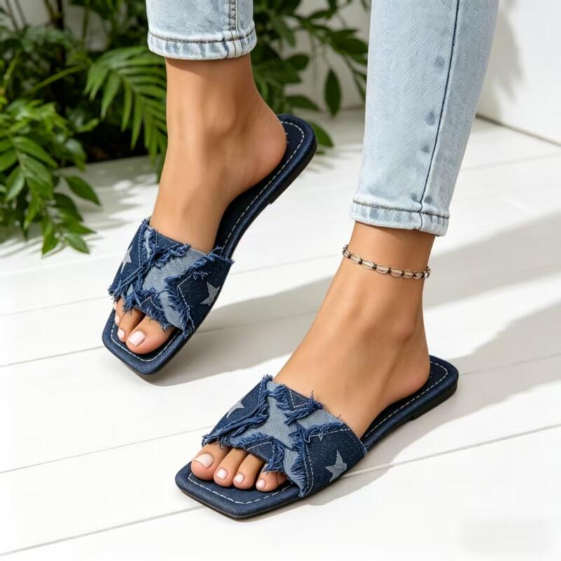 Sewing Custom - Y2K Denim Bandjes Sandalen met Platte